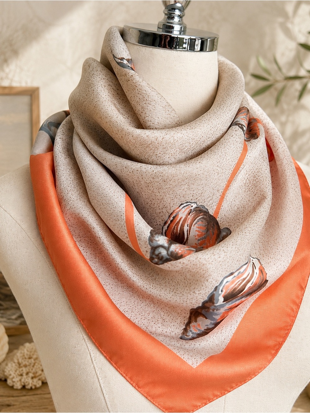 Vintage Orange & Cream Seashell Print Scarf Coastal Chic Square Scarf